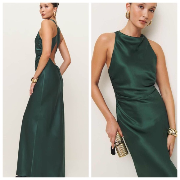 Reformation Dresses & Skirts - Reformation ANAIIS Forest Green Silk Maxi Dress Open Back with tags - size 6